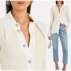 Ganni Cream Ribbed Blouse with White Accents